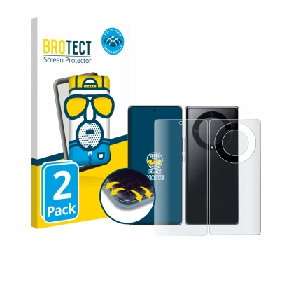 Parte frontal de un envase de producto con el logotipo de la marca BROTECT. Al lado se muestra el dispositivo Honor Magic 5 Li