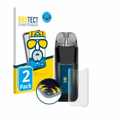 Parte frontal de un envase de producto con el logotipo de la marca BROTECT. Al lado se muestra el dispositivo Vaporesso Luxe X