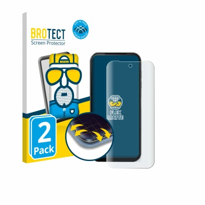 Parte frontal de un envase de producto con el logotipo de la marca BROTECT. Al lado se muestra el dispositivo Fairphone 5 con 