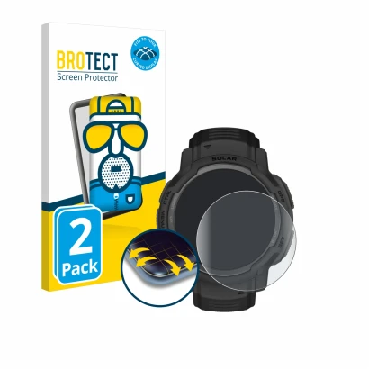 Parte frontal de un envase de producto con el logotipo de la marca BROTECT. Al lado se muestra el dispositivo Garmin Instinct 