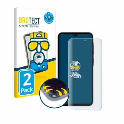 Parte frontal de un envase de producto con el logotipo de la marca BROTECT. Al lado se muestra el dispositivo Samsung Galaxy A