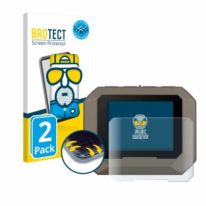 Parte frontal de un envase de producto con el logotipo de la marca BROTECT. Al lado se muestra el dispositivo Garmin Xero C1 P