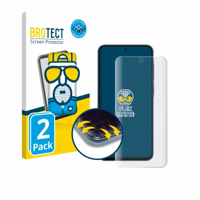 Parte frontal de un envase de producto con el logotipo de la marca BROTECT. Al lado se muestra el dispositivo Samsung Galaxy A