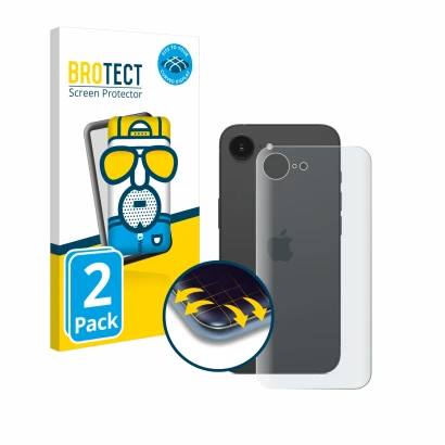 Parte frontal de un envase de producto con el logotipo de la marca BROTECT. Al lado se muestra el dispositivo Apple iPhone 16e