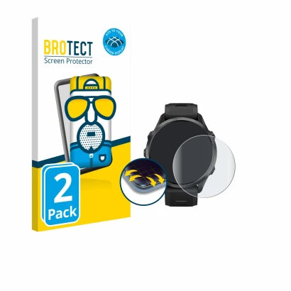 Parte frontal de un envase de producto con el logotipo de la marca BROTECT. Al lado se muestra el dispositivo Garmin Forerunne