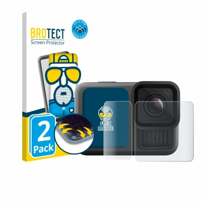 Parte frontal de un envase de producto con el logotipo de la marca BROTECT. Al lado se muestra el dispositivo GoPro Hero 13 Bl