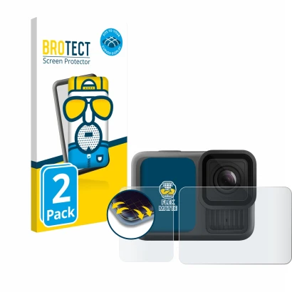 Parte frontal de un envase de producto con el logotipo de la marca BROTECT. Al lado se muestra el dispositivo GoPro Hero 13 Bl