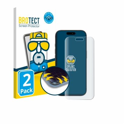 Parte frontal de un envase de producto con el logotipo de la marca BROTECT. Al lado se muestra el dispositivo Apple iPhone 17 