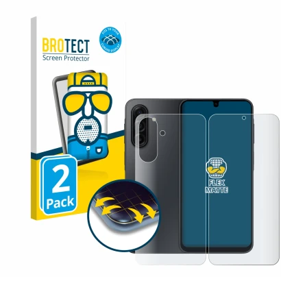 Parte frontal de un envase de producto con el logotipo de la marca BROTECT. Al lado se muestra el dispositivo Samsung Galaxy A