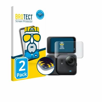 Parte frontal de un envase de producto con el logotipo de la marca BROTECT. Al lado se muestra el dispositivo Insta360 Go Ultr