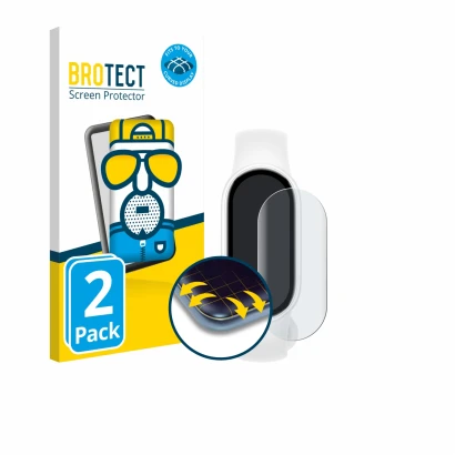 Parte frontal de un envase de producto con el logotipo de la marca BROTECT. Al lado se muestra el dispositivo Xiaomi Smart Ban