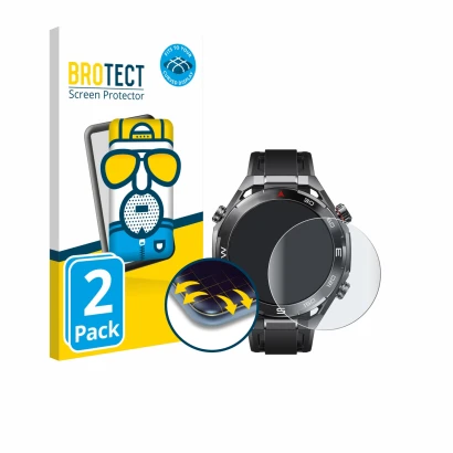 Parte frontal de un envase de producto con el logotipo de la marca BROTECT. Al lado se muestra el dispositivo Huawei Watch Ult
