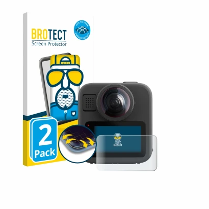 Parte frontal de un envase de producto con el logotipo de la marca BROTECT. Al lado se muestra el dispositivo GoPro Max 2 con