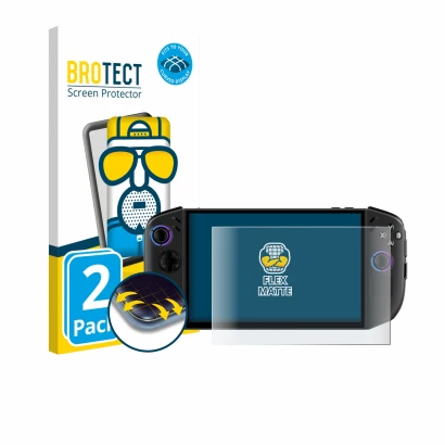 Parte frontal de un envase de producto con el logotipo de la marca BROTECT. Al lado se muestra el dispositivo Lenovo Legion Go