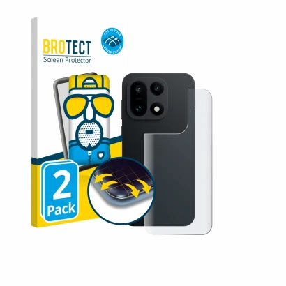 Parte frontal de un envase de producto con el logotipo de la marca BROTECT. Al lado se muestra el dispositivo OnePlus 15 (Tras