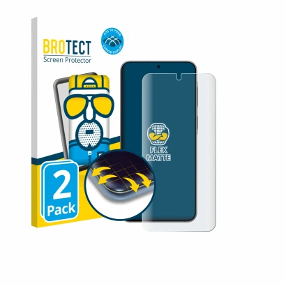 Parte frontal de un envase de producto con el logotipo de la marca BROTECT. Al lado se muestra el dispositivo Samsung Galaxy A