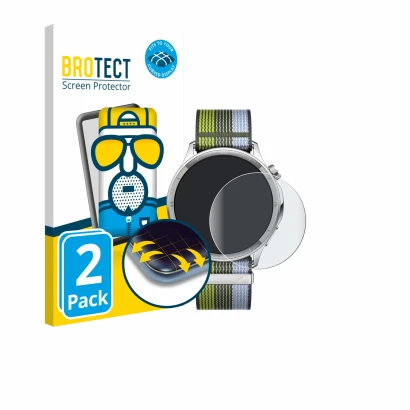 Parte frontal de un envase de producto con el logotipo de la marca BROTECT. Al lado se muestra el dispositivo Oppo Watch S con