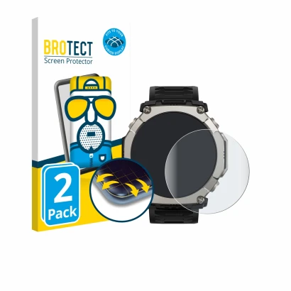 Parte frontal de un envase de producto con el logotipo de la marca BROTECT. Al lado se muestra el dispositivo Huami Amazfit T-