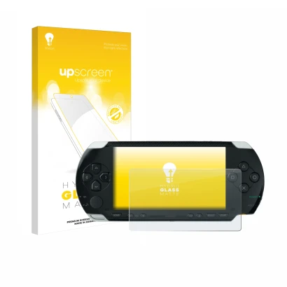 Parte frontal de un envase de producto con el logotipo de la marca upscreen. Al lado se muestra el dispositivo Sony PSP 1000 c