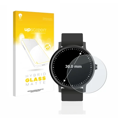 Parte frontal de un envase de producto con el logotipo de la marca upscreen. Al lado se muestra el dispositivo Relojes (Circul