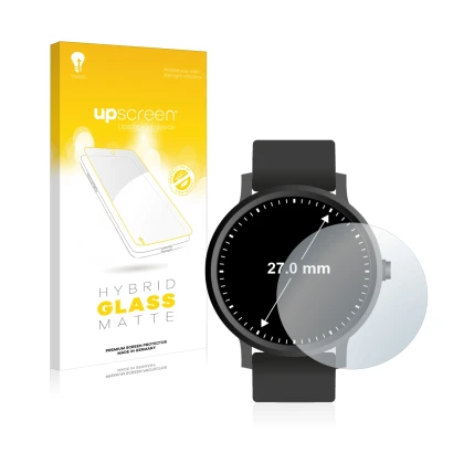 Parte frontal de un envase de producto con el logotipo de la marca upscreen. Al lado se muestra el dispositivo Relojes (Circul