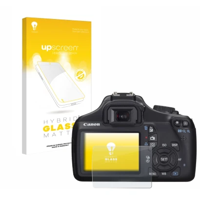 Parte frontal de un envase de producto con el logotipo de la marca upscreen. Al lado se muestra el dispositivo Canon EOS 1100D