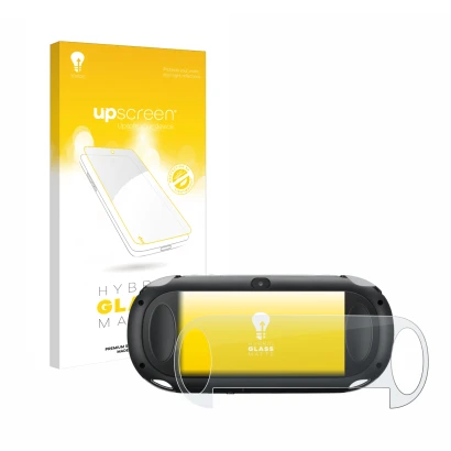 Parte frontal de un envase de producto con el logotipo de la marca upscreen. Al lado se muestra el dispositivo Sony Playstatio