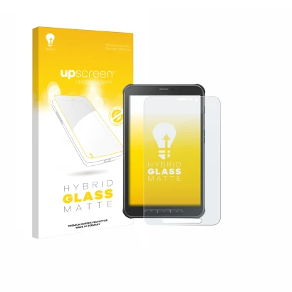 Parte frontal de un envase de producto con el logotipo de la marca upscreen. Al lado se muestra el dispositivo Samsung Galaxy 