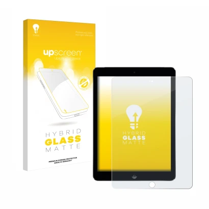 Parte frontal de un envase de producto con el logotipo de la marca upscreen. Al lado se muestra el dispositivo Apple iPad Air 