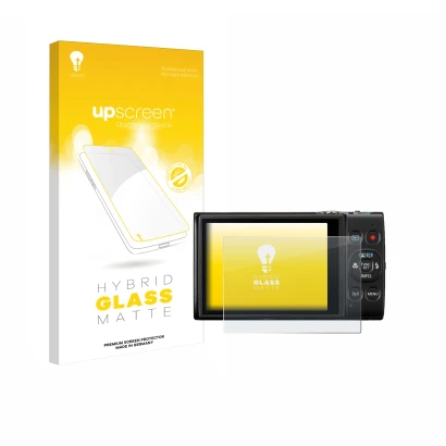 Parte frontal de un envase de producto con el logotipo de la marca upscreen. Al lado se muestra el dispositivo Canon Digital I