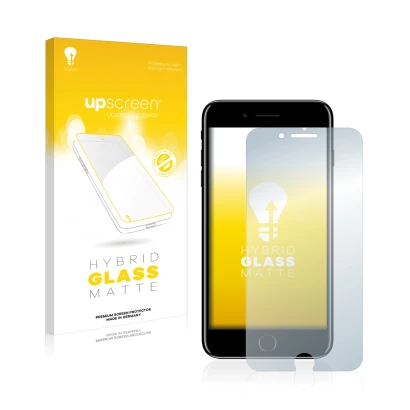 Parte frontal de un envase de producto con el logotipo de la marca upscreen. Al lado se muestra el dispositivo Apple iPhone 7 