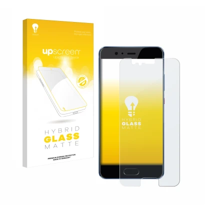 Parte frontal de un envase de producto con el logotipo de la marca upscreen. Al lado se muestra el dispositivo Huawei P10 con 