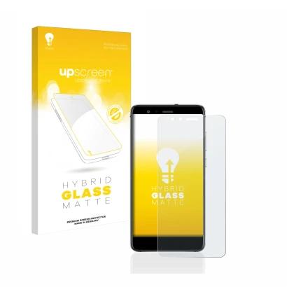 Parte frontal de un envase de producto con el logotipo de la marca upscreen. Al lado se muestra el dispositivo Huawei P10 Lite