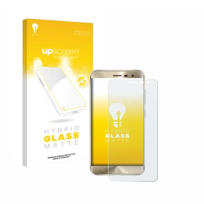 Parte frontal de un envase de producto con el logotipo de la marca upscreen. Al lado se muestra el dispositivo ASUS ZenFone 3 