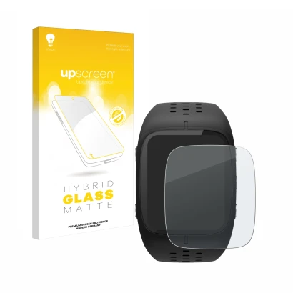 Parte frontal de un envase de producto con el logotipo de la marca upscreen. Al lado se muestra el dispositivo Polar M430 con 