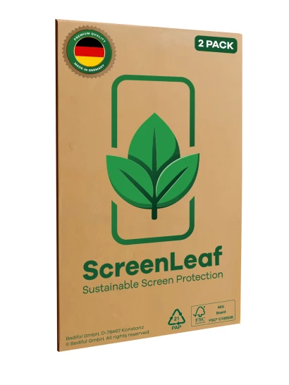 Parte frontal de un envase de producto con el logotipo de la marca ScreenLeaf