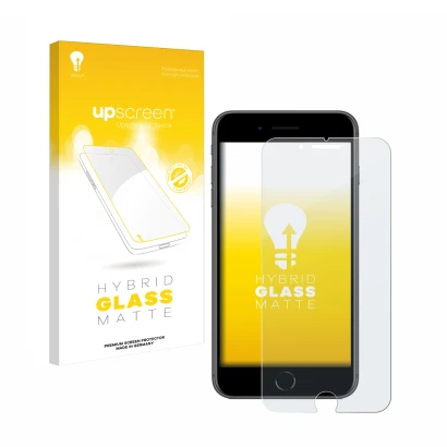 Parte frontal de un envase de producto con el logotipo de la marca upscreen. Al lado se muestra el dispositivo Apple iPhone 8 