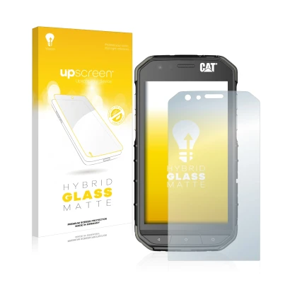 Parte frontal de un envase de producto con el logotipo de la marca upscreen. Al lado se muestra el dispositivo Caterpillar Cat