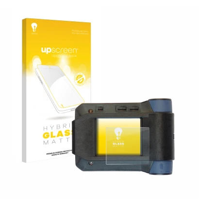 Parte frontal de un envase de producto con el logotipo de la marca upscreen. Al lado se muestra el dispositivo Swissphone s.Qu