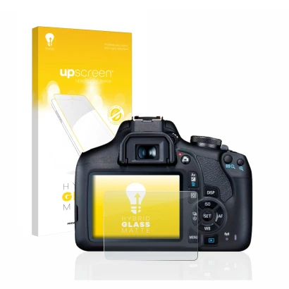 Parte frontal de un envase de producto con el logotipo de la marca upscreen. Al lado se muestra el dispositivo Canon EOS 2000D