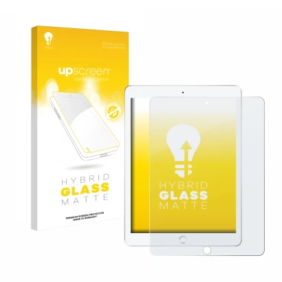 Parte frontal de un envase de producto con el logotipo de la marca upscreen. Al lado se muestra el dispositivo Apple iPad 9.7"