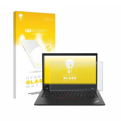 Parte frontal de un envase de producto con el logotipo de la marca upscreen. Al lado se muestra el dispositivo Lenovo ThinkPad