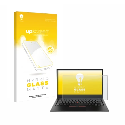 Parte frontal de un envase de producto con el logotipo de la marca upscreen. Al lado se muestra el dispositivo Lenovo ThinkPad