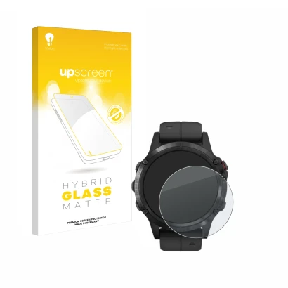 Parte frontal de un envase de producto con el logotipo de la marca upscreen. Al lado se muestra el dispositivo Garmin Fenix 5 