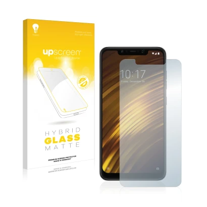 Parte frontal de un envase de producto con el logotipo de la marca upscreen. Al lado se muestra el dispositivo Xiaomi Pocophon