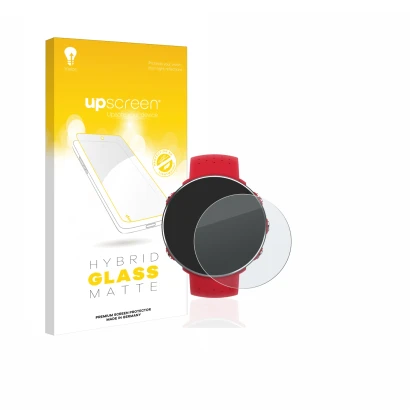 Parte frontal de un envase de producto con el logotipo de la marca upscreen. Al lado se muestra el dispositivo Polar Vantage M