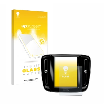 Parte frontal de un envase de producto con el logotipo de la marca upscreen. Al lado se muestra el dispositivo Volvo XC40 Sens