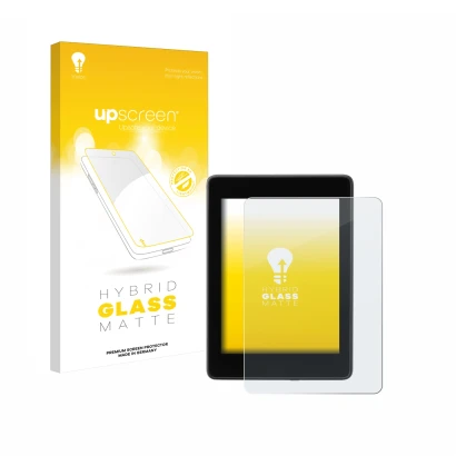 Parte frontal de un envase de producto con el logotipo de la marca upscreen. Al lado se muestra el dispositivo Amazon Kindle P