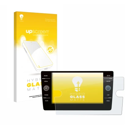 Parte frontal de un envase de producto con el logotipo de la marca upscreen. Al lado se muestra el dispositivo Volkswagen Golf