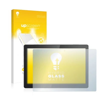 Parte frontal de un envase de producto con el logotipo de la marca upscreen. Al lado se muestra el dispositivo Lenovo Tab M10 